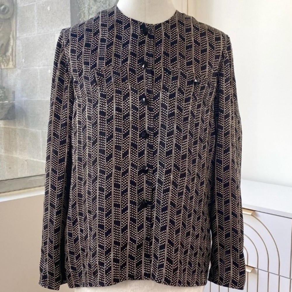 Vintage Adrianna Papell 100% Silk Geometric Dot and Stripe Blouse, Size 8